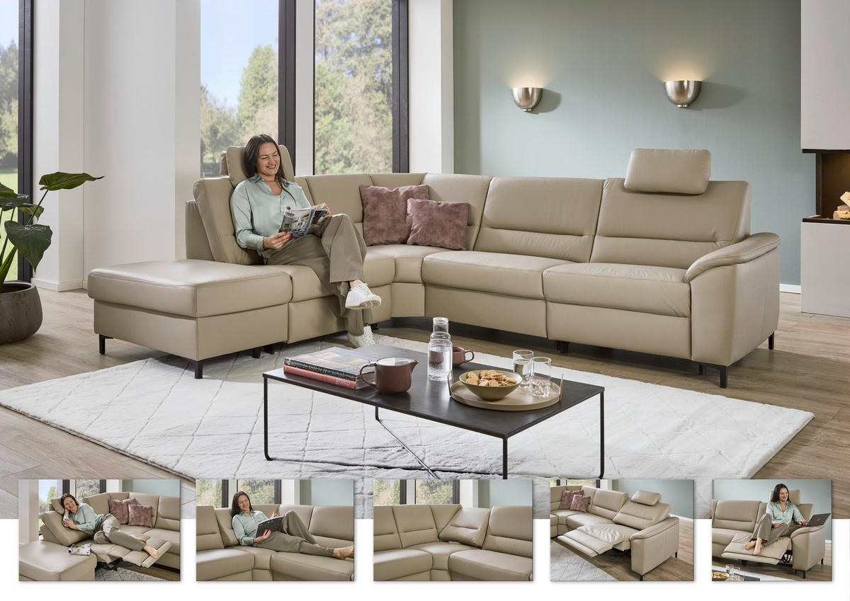 ECKSOFA Perlmutt Echtleder  - Perlmutt/Schwarz, KONVENTIONELL, Leder/Metall (247/290cm) - Beldomo Premium