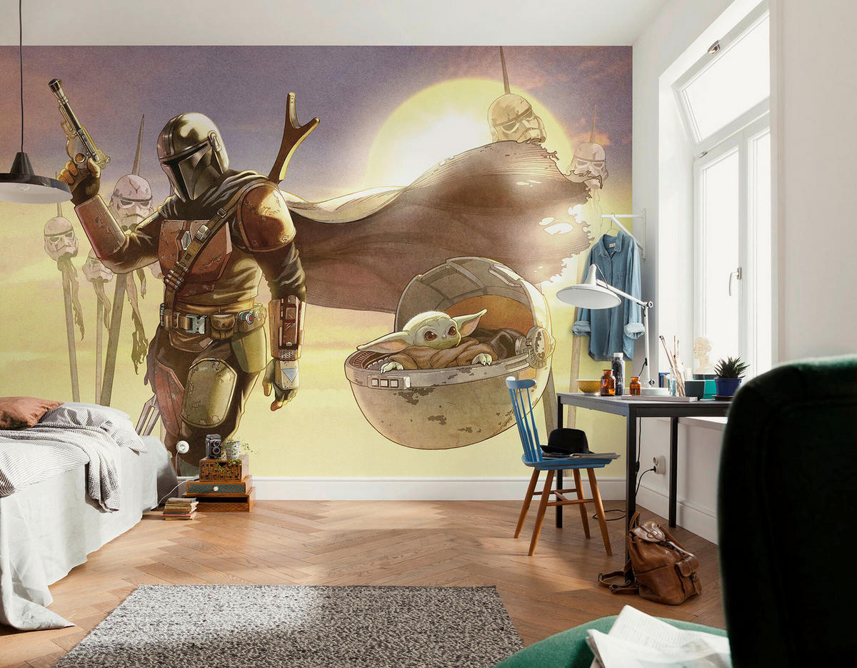 FOTOTAPETE THE MANDALORIAN AND GROGU  - Gelb, Design, Textil (350/250cm) - Star Wars