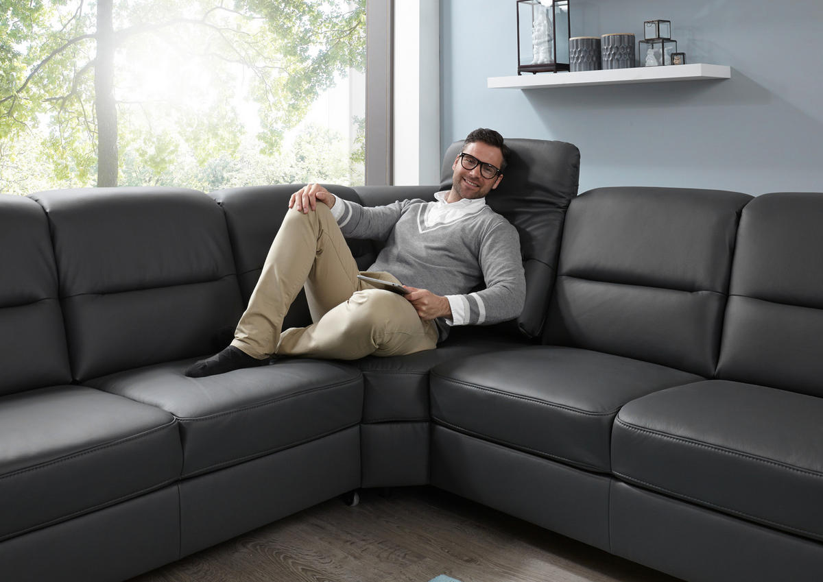 ECKSOFA BELDOMO premium Anthrazit Echtleder  - Anthrazit/Schwarz, KONVENTIONELL, Leder/Holz (303/245cm) - Beldomo Premium