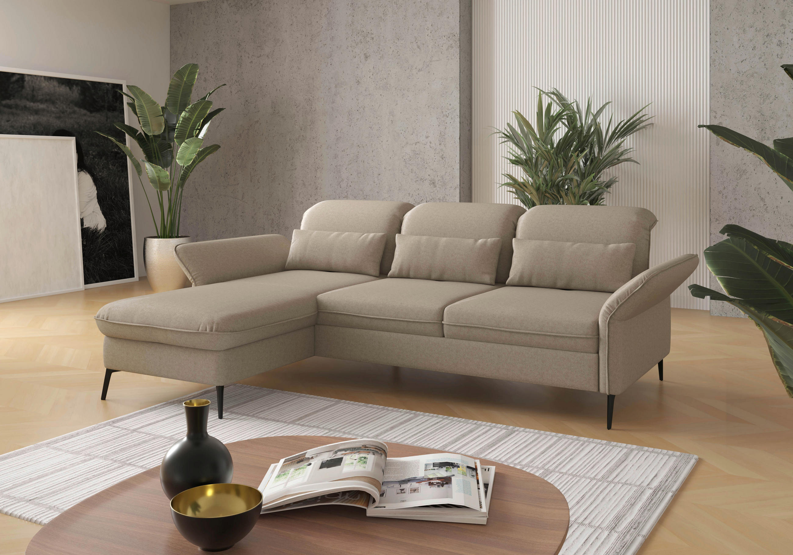 ECKSOFA Taupe Flachgewebe  - Taupe/Schwarz, KONVENTIONELL, Textil/Metall (198/264cm) - Sit & More