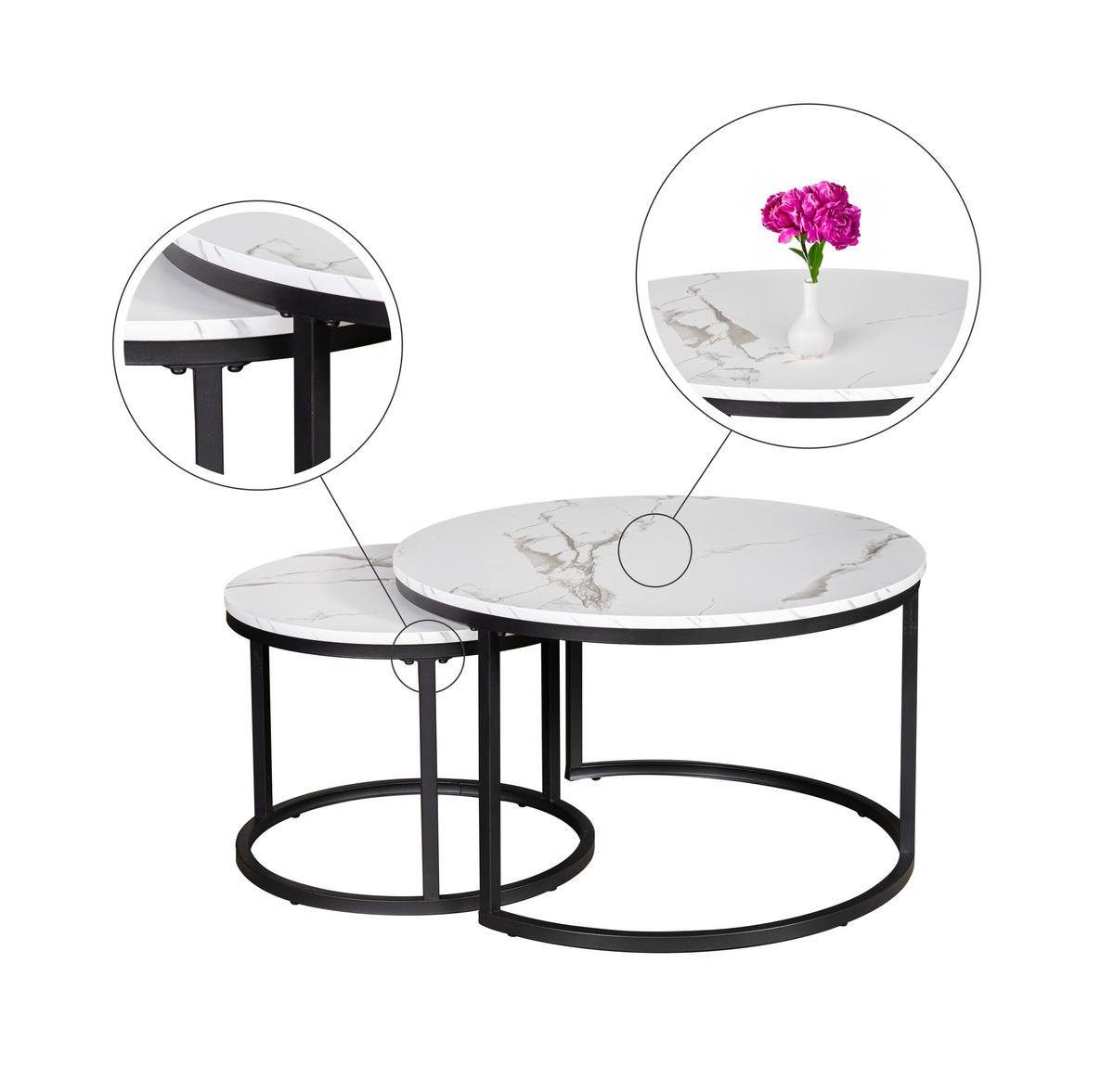 COUCHTISCHSET 50-70/50-70/38-42 cm rund Grau, Multicolor, Schwarz, Weiß ausziehbar, einfacher Aufbau, individuell kombinierbar  - Multicolor/Schwarz, Design, Holzwerkstoff/Metall (50-70/50-70/38-42cm) - MID.YOU