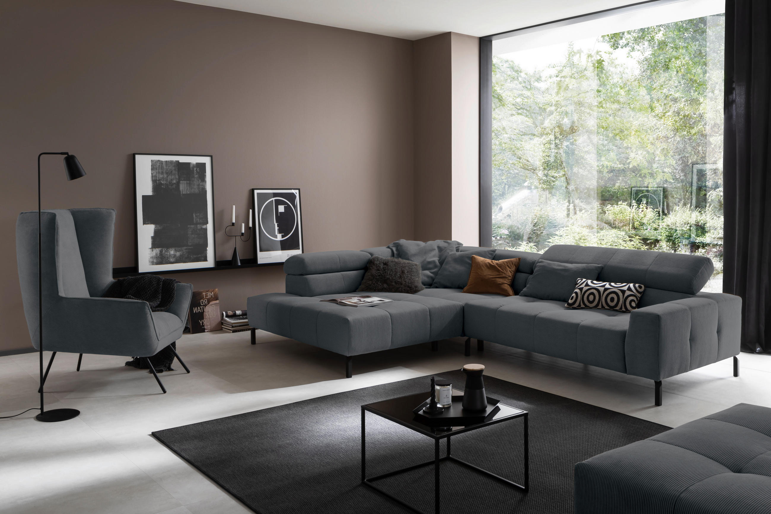 ECKSOFA in Feincord Anthrazit  - Anthrazit/Schwarz, Konventionell, Textil/Metall (219/311cm) - Hom`in