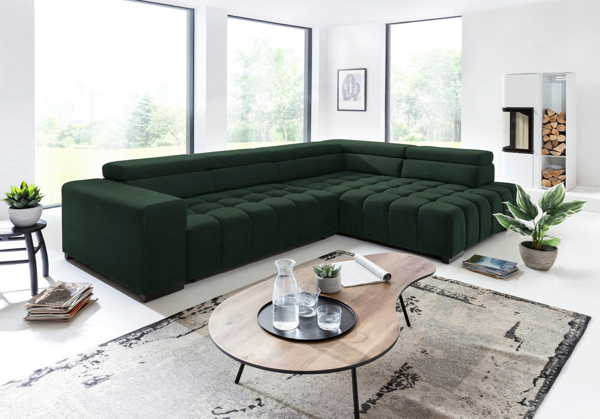 ECKSCHLAFSOFA Grün Velours  - Schwarz/Grün, Design, Holz/Textil (307/201cm) - Livetastic