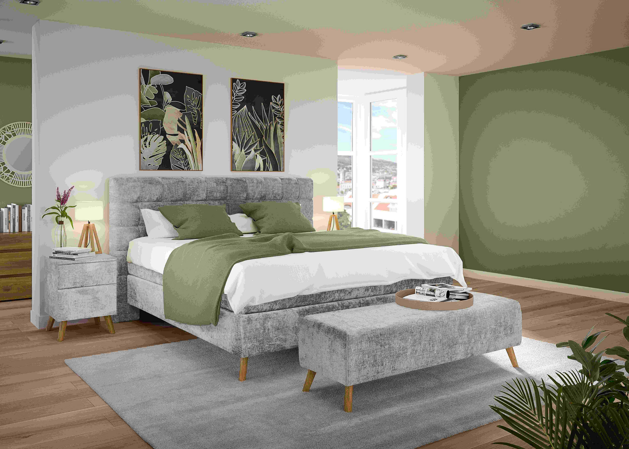 BETTBANK Webstoff Eiche Hellgrau  - Eichefarben/Hellgrau, Design, Holz/Textil (145/45/48cm) - Esposa