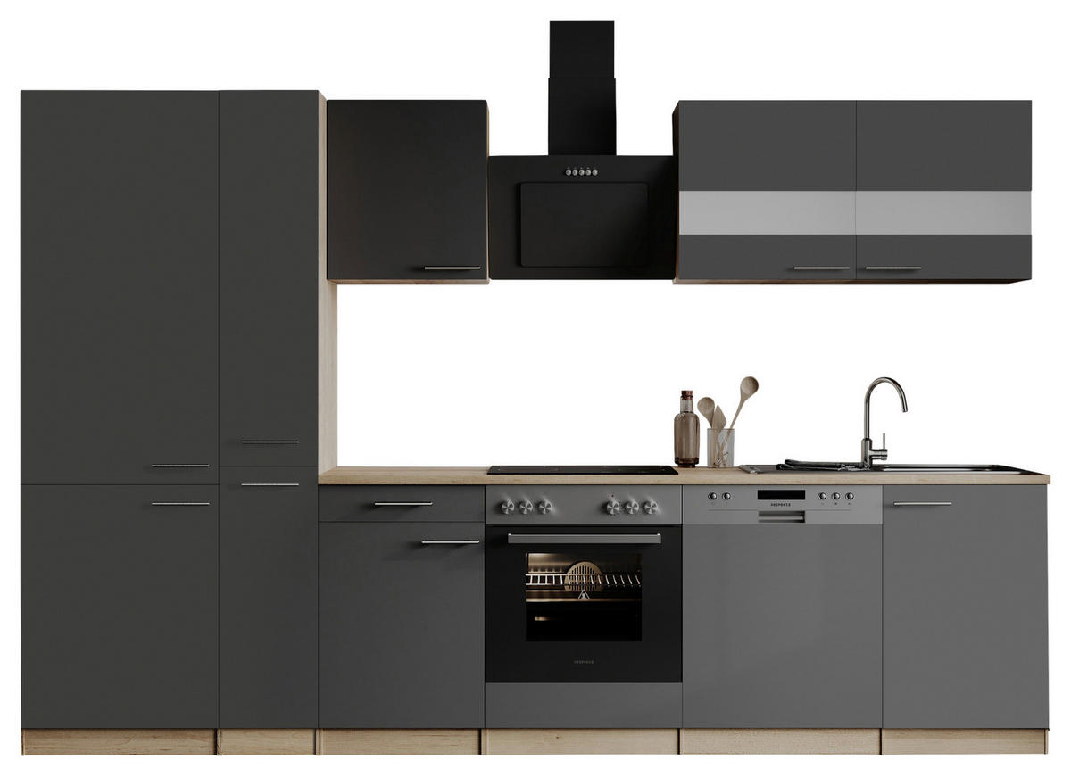 KÜCHENBLOCK 310 cm   in Grau  - Edelstahlfarben/Eichefarben, Basics, Holzwerkstoff/Metall (310cm) - Respekta