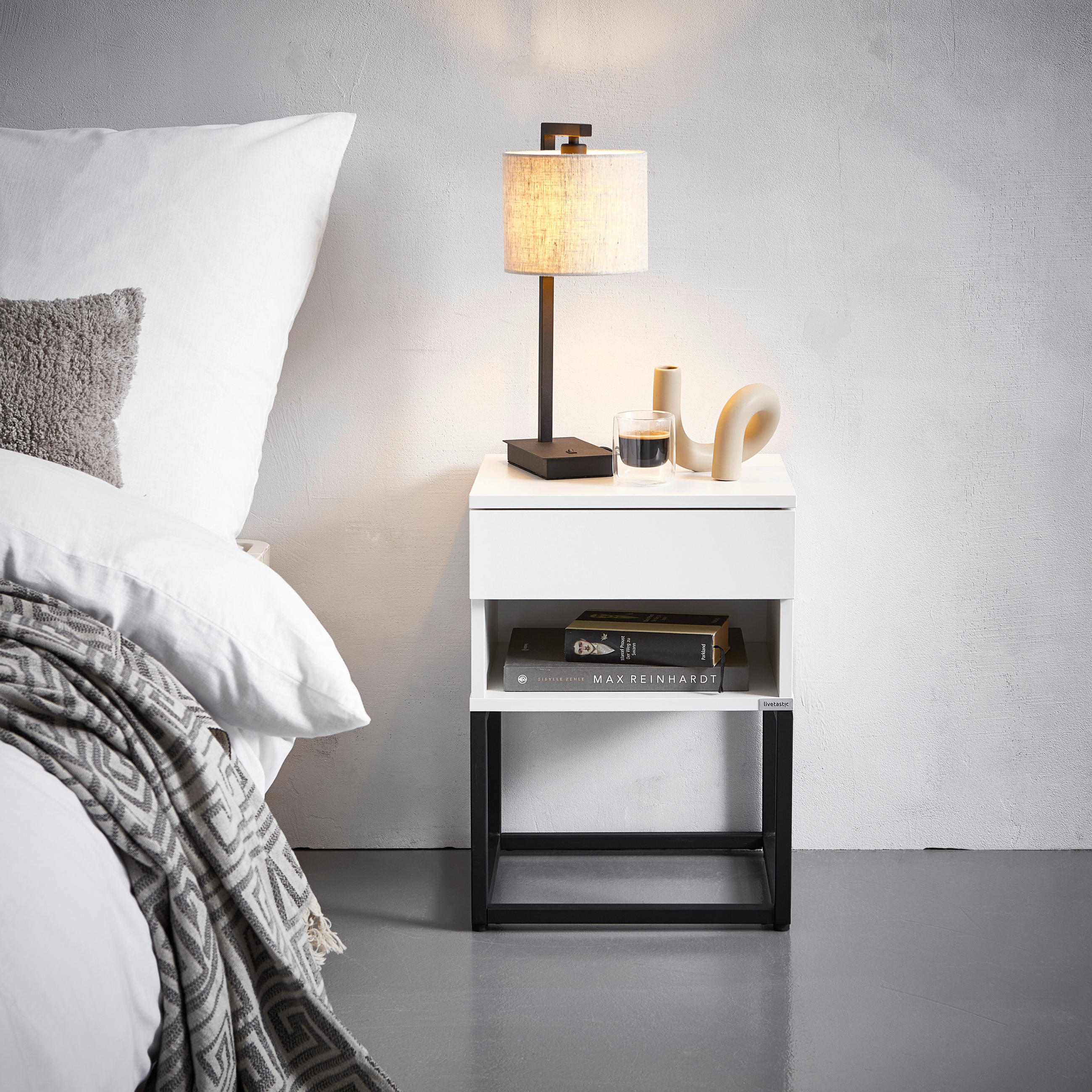 NACHTSCHRANK 40/55/35 cm  - Schwarz/Weiß, MODERN, Holzwerkstoff/Metall (40/55/35cm) - Livetastic