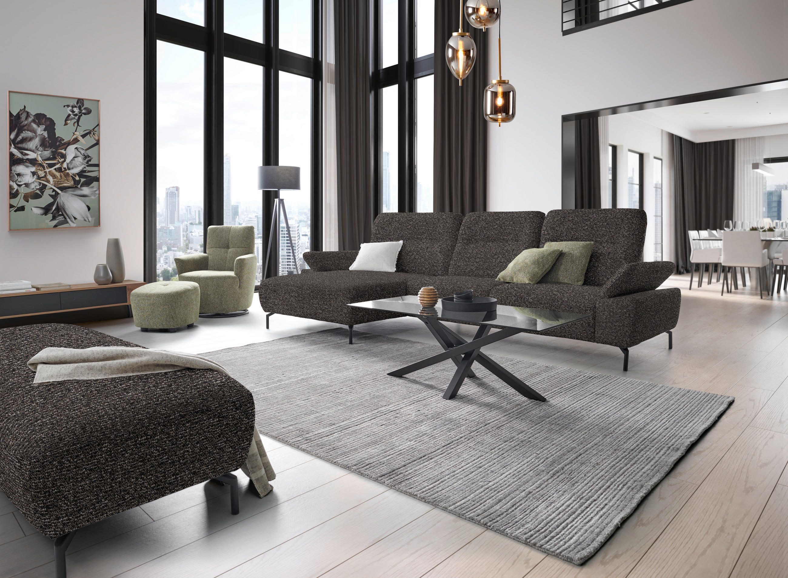 ECKSOFA in Chenille, Flachgewebe Dunkelgrün, Graubraun  165/318 cm  - Dunkelgrün/Graubraun, Design, Textil/Metall (165/318cm) - Xora