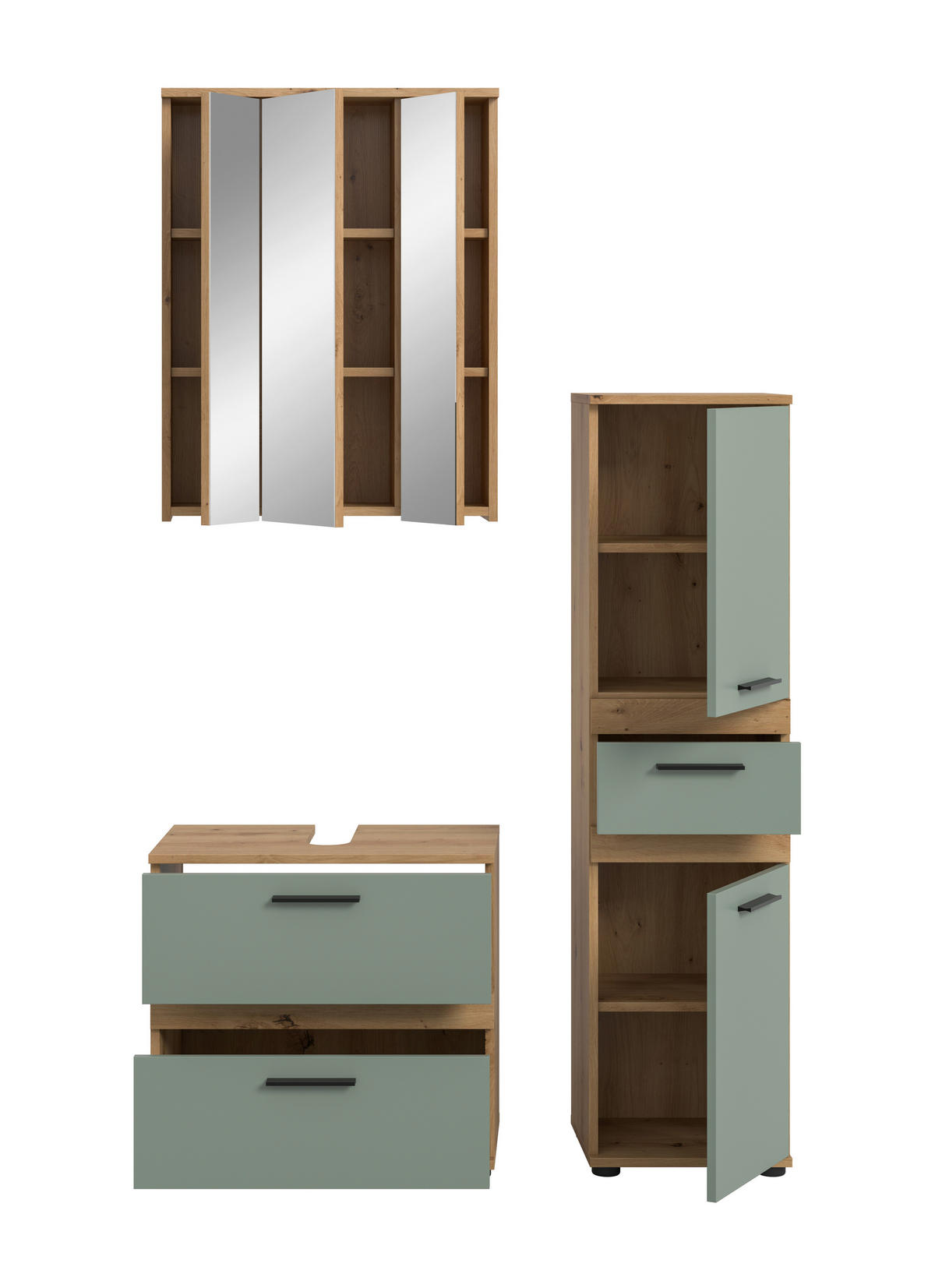 BADEZIMMER 3-teilig  in 110 cm  - Salbeigrün/Schwarz, Trend, Glas/Holzwerkstoff (110cm) - MID.YOU
