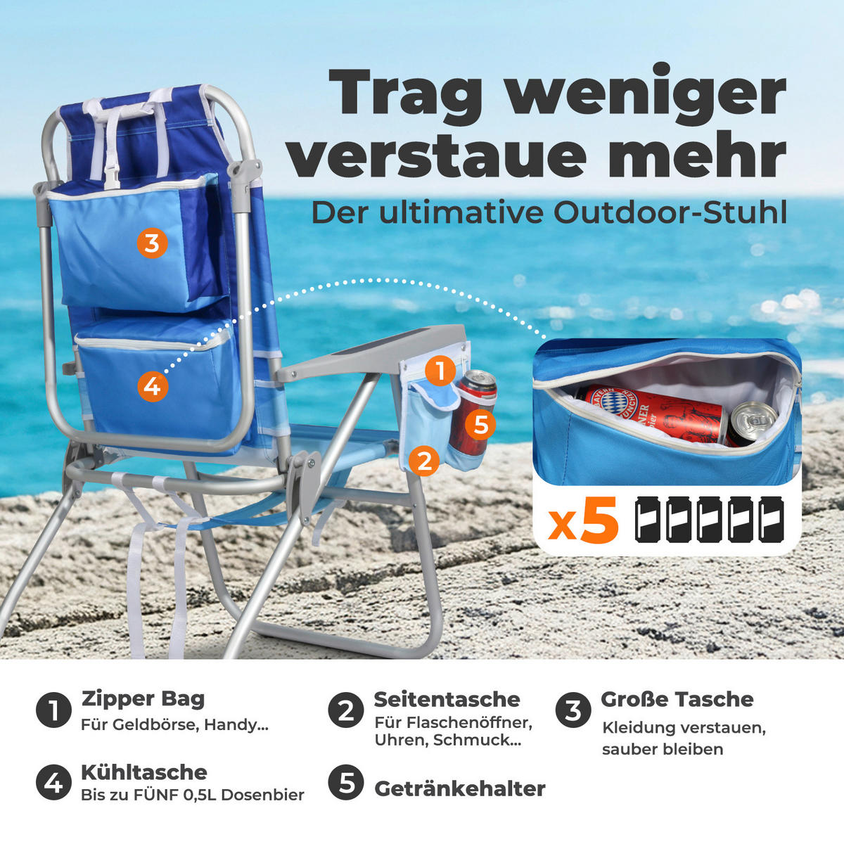 STRANDSTUHL Aluminium Blau, Hellblau  - Blau/Hellblau, Basics, Textil/Metall (57/90/76cm) - Modante