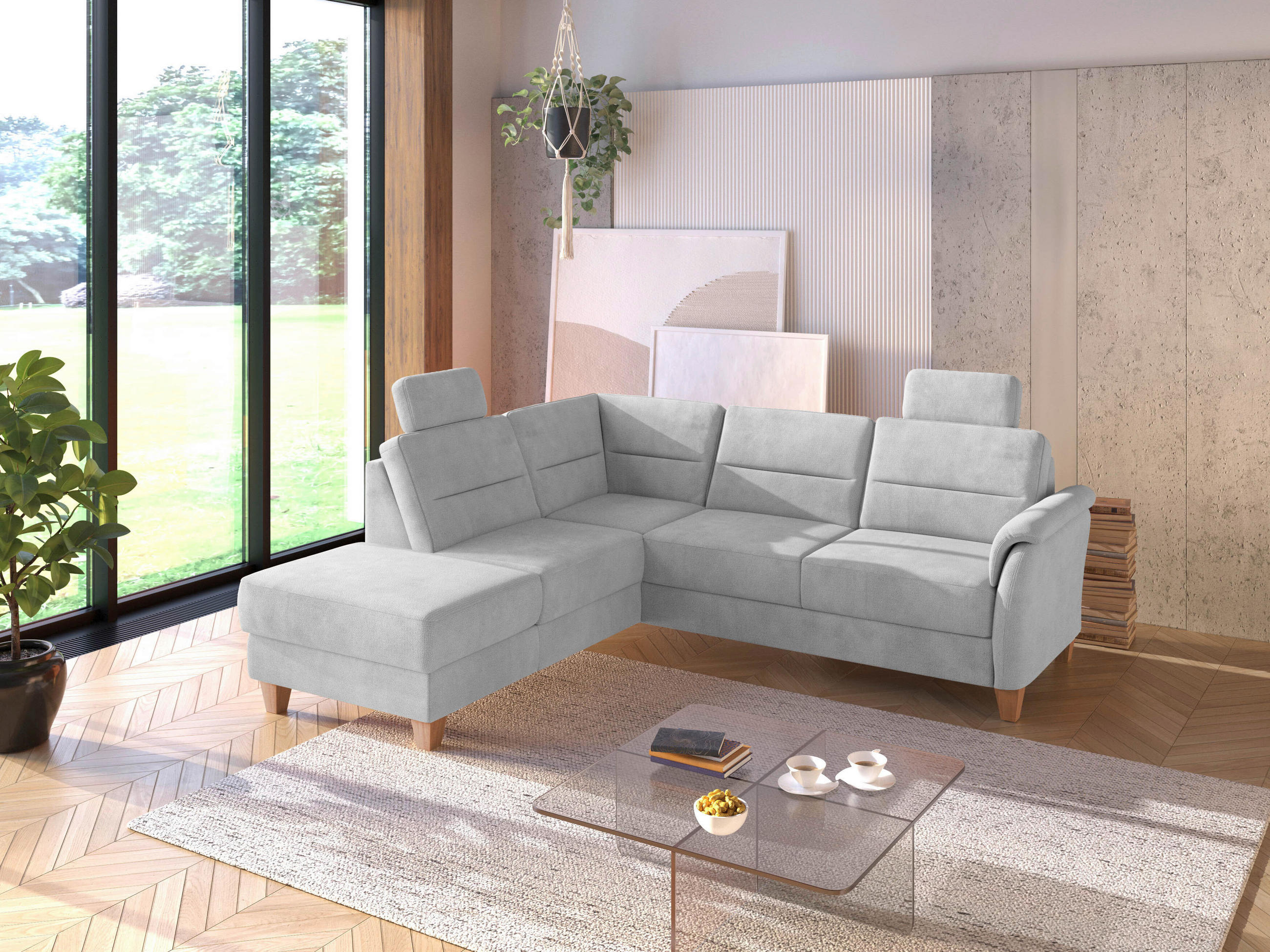 ECKSOFA PALMERA V Silberfarben Flachgewebe Kopfstütze  - Eichefarben/Silberfarben, KONVENTIONELL, Holz/Textil (212/236cm) - Sit & More