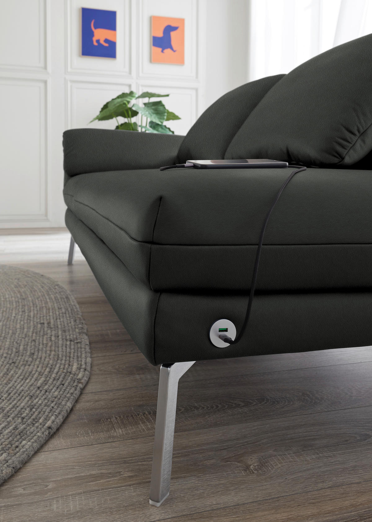 RÉCAMIERE in Echtleder Dunkelgrau  - Chromfarben/Dunkelgrau, Design, Leder/Metall (209/85-109/95-16cm) - Dieter Knoll