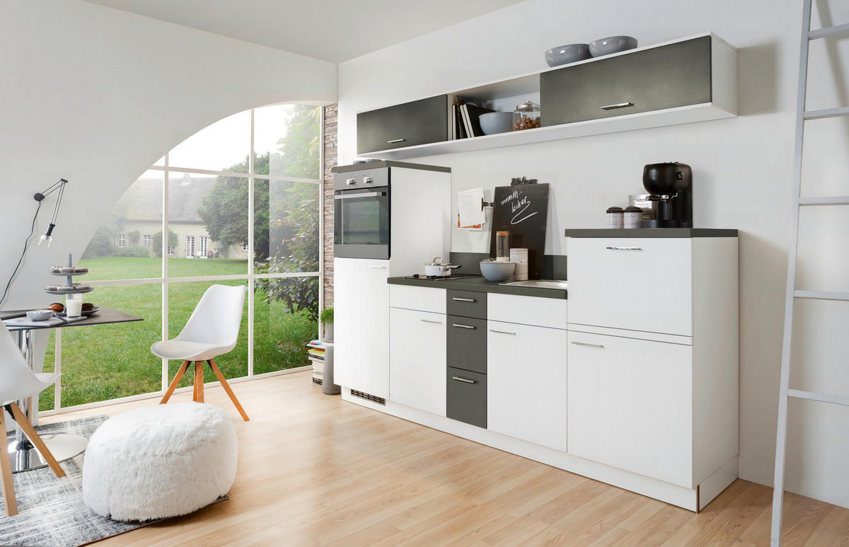KÜCHENBLOCK 250 cm   in Grau, Weiß  - Edelstahlfarben/Weiß, Design, Holzwerkstoff/Metall (250cm) - Welnova