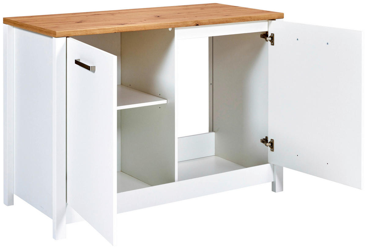 SPÜLENUNTERSCHRANK 130/92/60 cm  in Weiß, Eiche Artisan  - Silberfarben/Eiche Artisan, MODERN, Holzwerkstoff/Metall (130/92/60cm) - home24