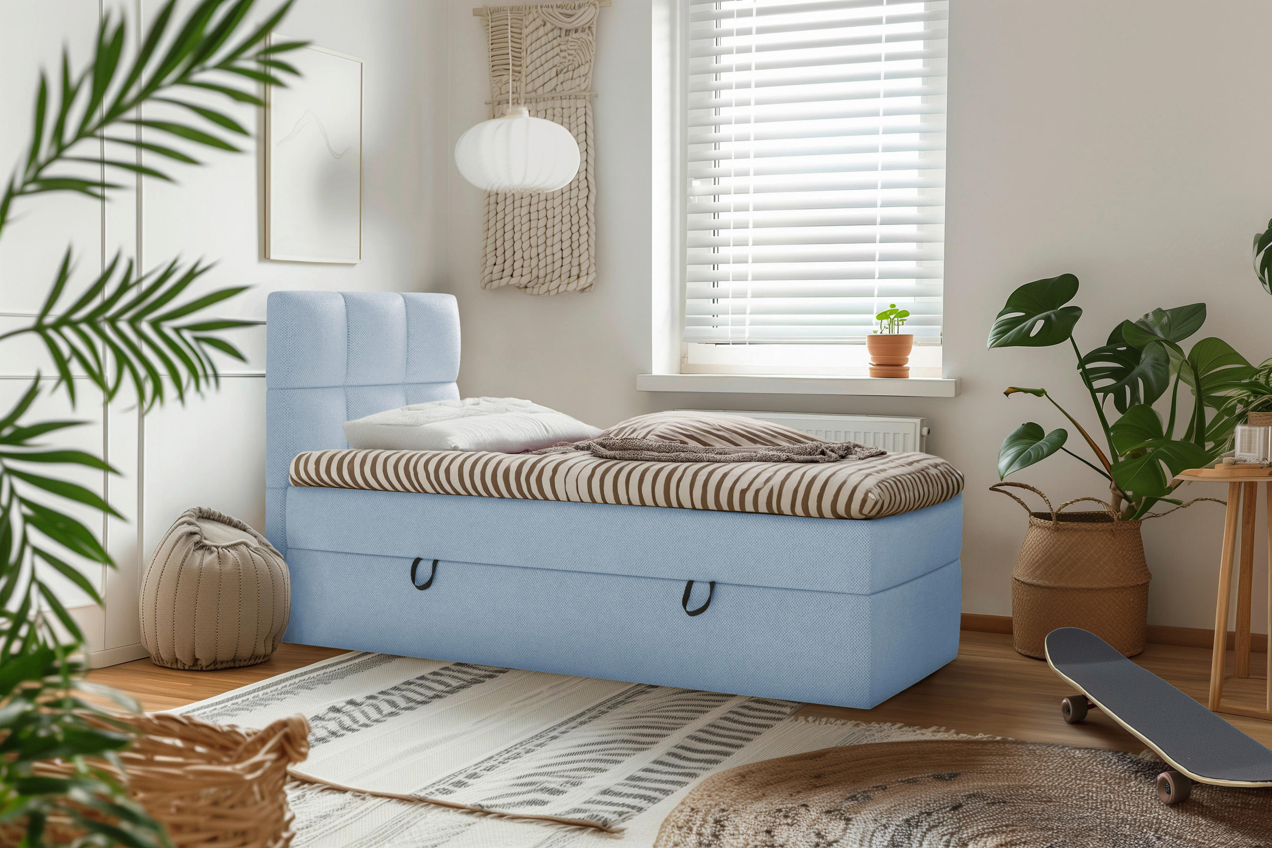 BOXBETT 90/200 cm,  in Blau, gepolstertes Kopfteil, Bettkasten, Topper, H3 = fest  - Blau/Schwarz, MODERN, Holz/Holzwerkstoff (90/200cm) - MID.YOU