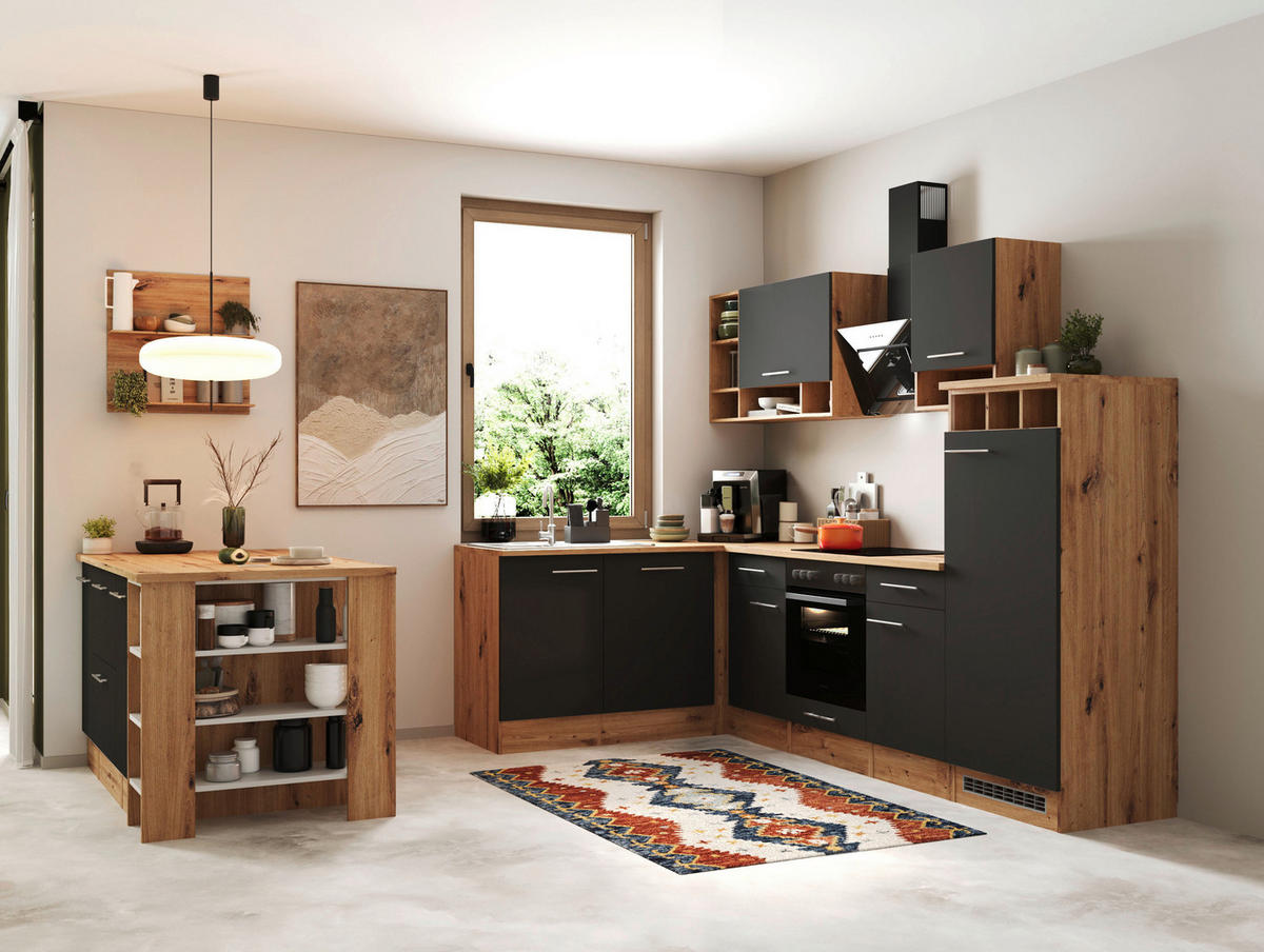 HÖRNKÖK 280/172 cm  i grå  - skogsek/aluminiumfärg, Design, metall/trämaterial (280/172cm) - Respekta