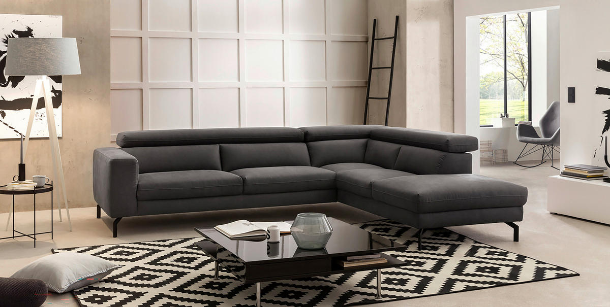 ECKSOFA Mikrofaser Dunkelgrau  - Dunkelgrau/Schwarz, Modern, Textil/Metall (305/233cm) - Trendmanufaktur