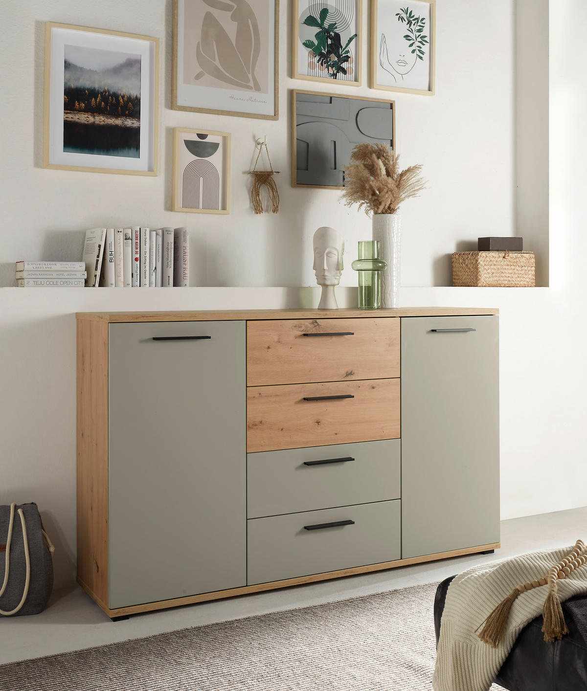 KOMMODE  in 150/92/38 cm  - Salbeigrün/Schwarz, KONVENTIONELL, Holzwerkstoff/Kunststoff (150/92/38cm) - Xora