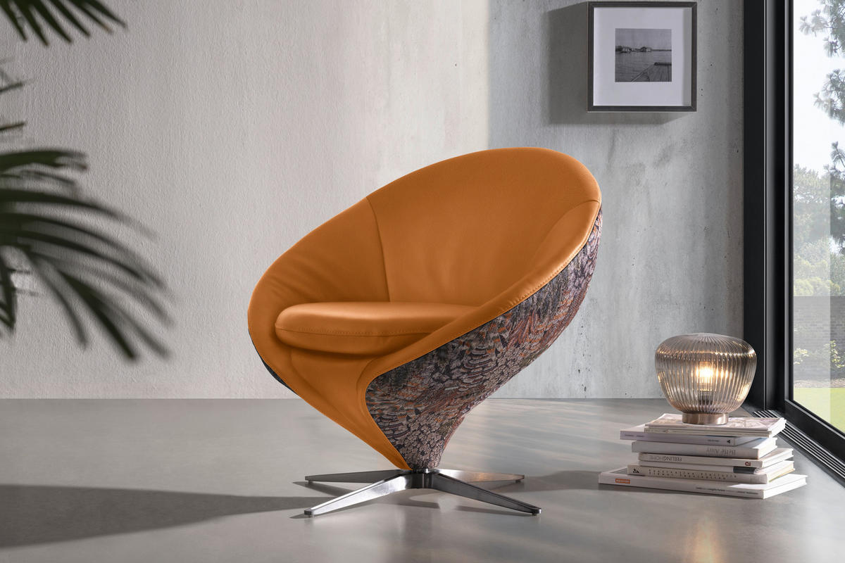 SESSEL Jacquard Kombination Echtleder/Stoff Senfgelb  - Senfgelb/Nickelfarben, Design, Leder/Textil (84/81/79cm) - Koinor