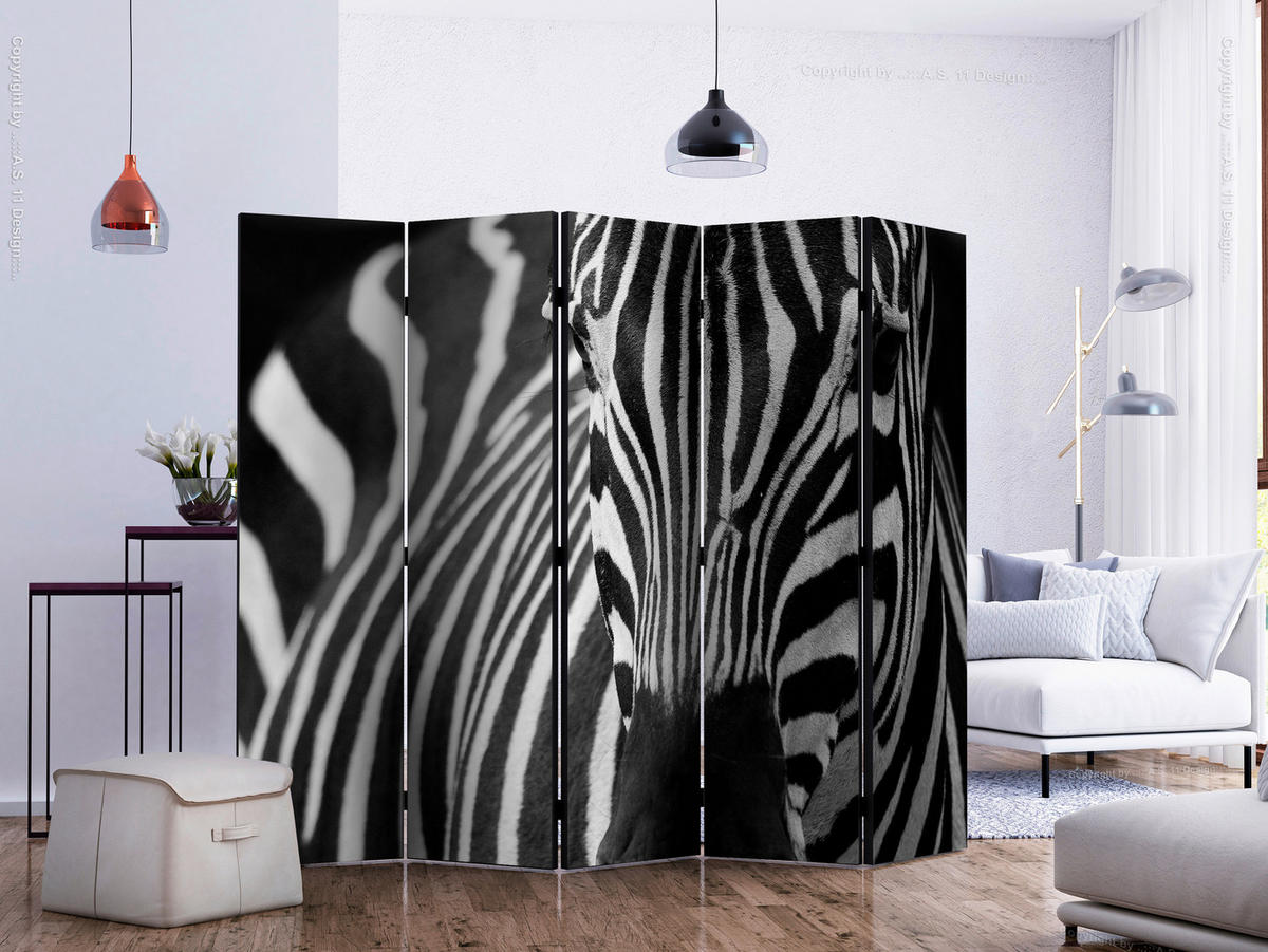 PARAVENT mit 5  Flügel - Schwarz/Weiß, Basics, Holz/Textil (225/172/3cm) - artgeist