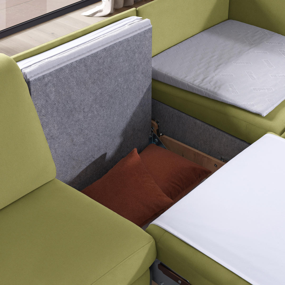 ECKSOFA in Flachgewebe Hellgrün  261/203 cm  - Eichefarben/Hellgrün, KONVENTIONELL, Holz/Textil (261/203cm) - Sedda