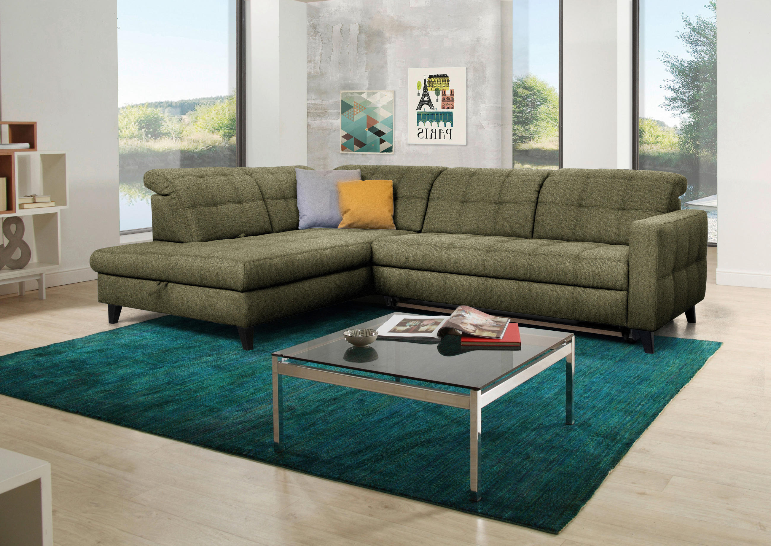 ECKSOFA in Webstoff Olivgrün  - Schwarz/Olivgrün, Design, Holz/Textil (216/297cm) - Xora