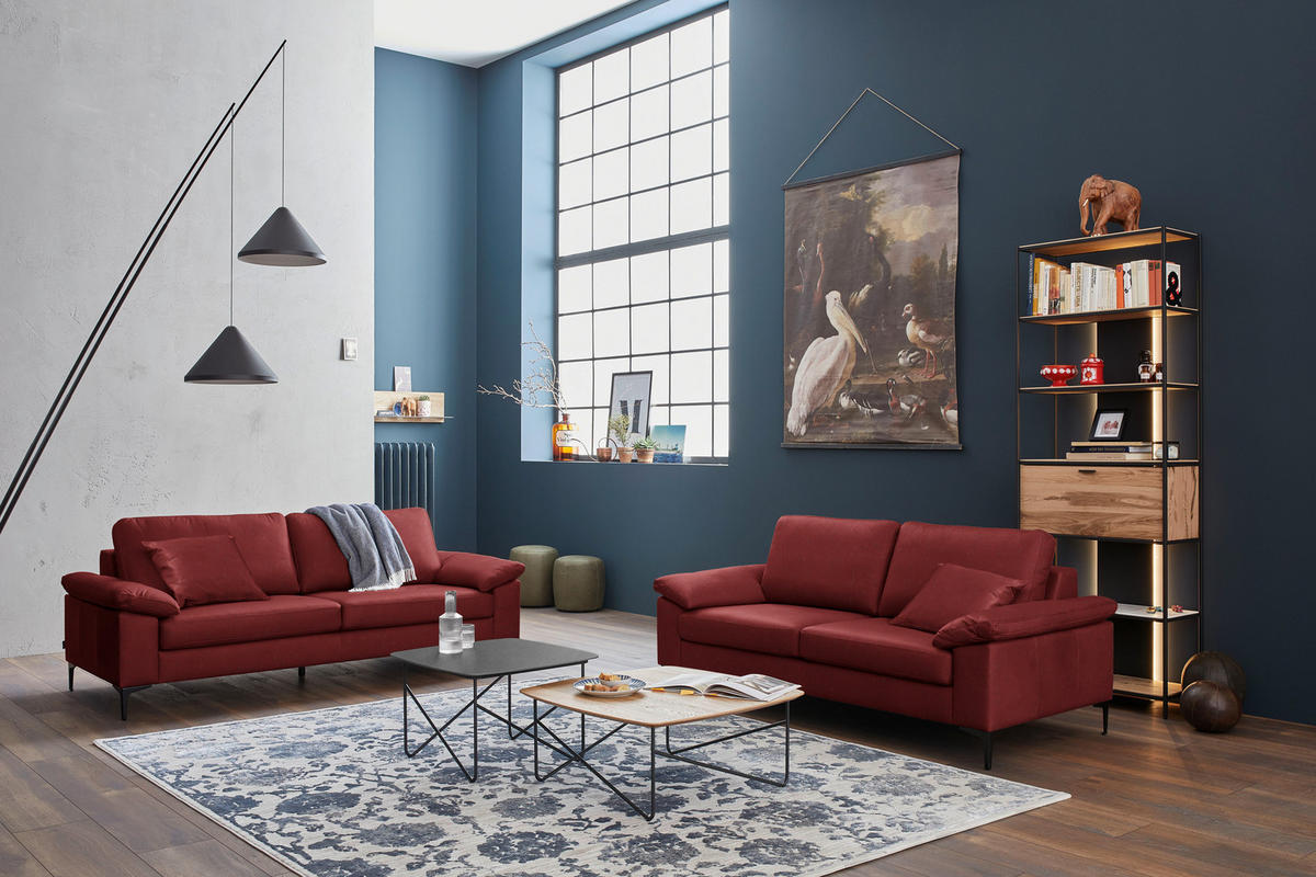 3-SITZER-SOFA  in Echtleder Rot   - Rot/Schwarz, Design, Leder/Metall (224/86/97cm) - Schöner Wohnen