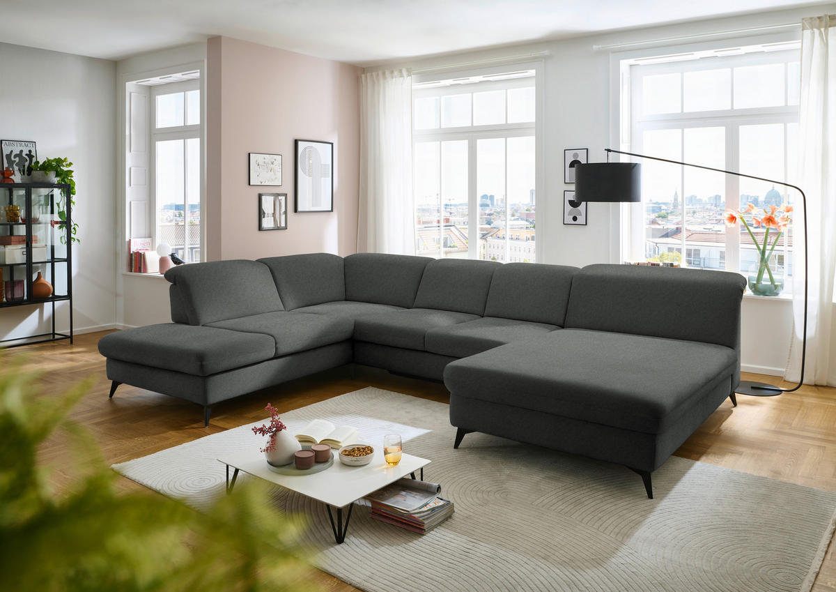 WOHNLANDSCHAFT Chenille Grau  - Schwarz/Grau, Design, Textil/Metall (255/369/198cm) - Beldomo Style