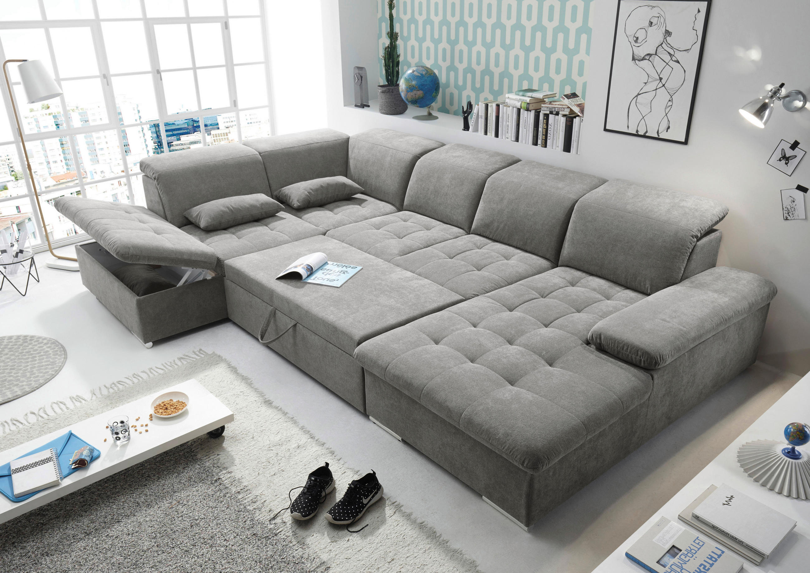 Thumbnail - Mid.you Wohnlandschaft, Schlamm, Textil, Uni, Ottomane links, U-Form, links montierbar, 340x240 cm, Made in EU, Schlafen...