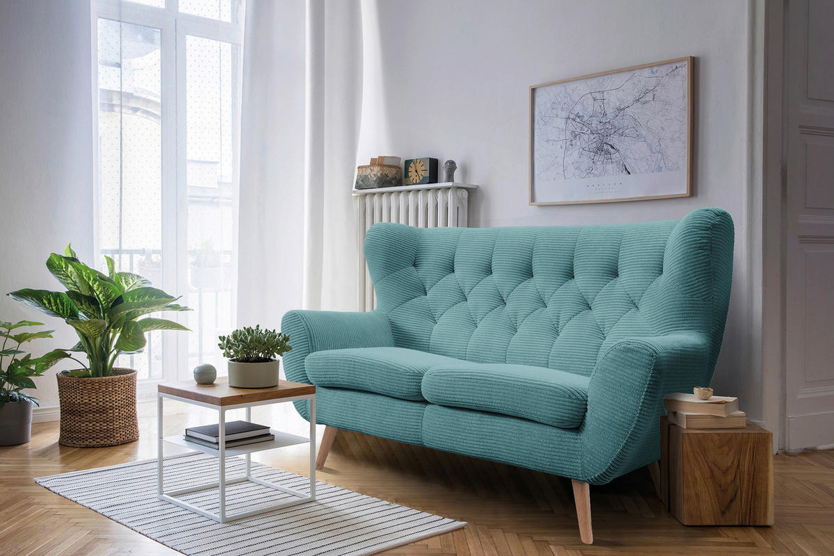 2-SITZER-SOFA Cord Türkis  - Türkis/Eichefarben, Design, Holz/Textil (137/101/95cm) - Stylife