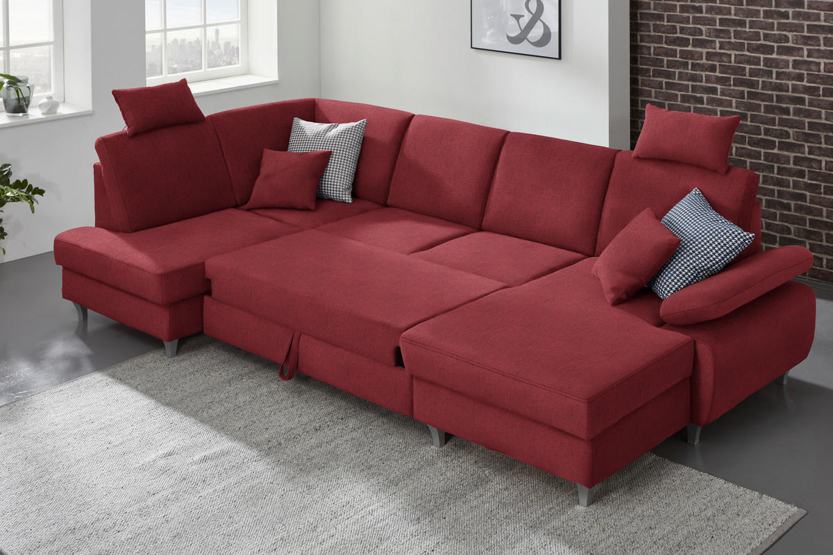 WOHNLANDSCHAFT in Struktur Rot  - Silberfarben/Rot, Konventionell, Holz/Textil (186/322/167cm) - Cantus