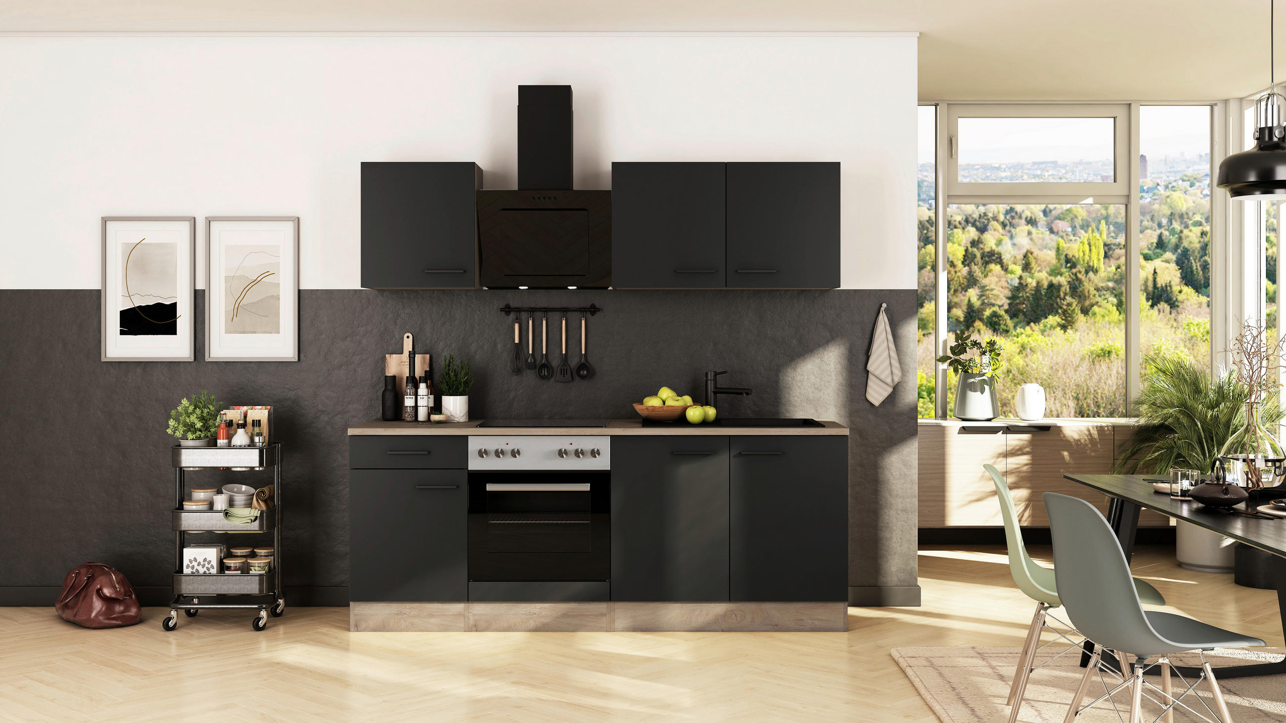 KÜCHENBLOCK 210 cm   in Schwarz, Eichefarben  - Eichefarben/Schwarz, Basics, Holzwerkstoff/Metall (210cm) - FlexWell