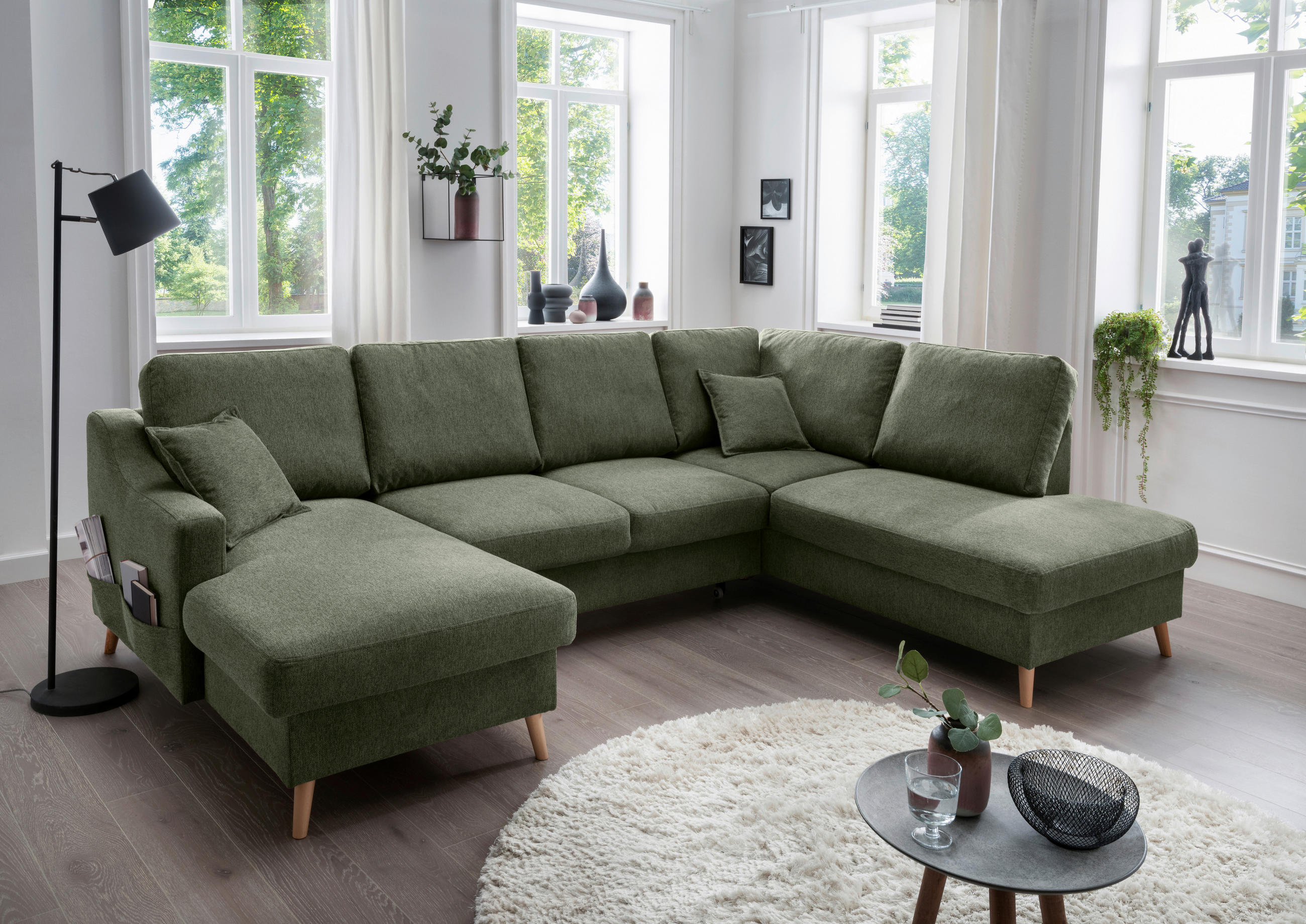 WOHNLANDSCHAFT Dunkelgrün Chenille  - Dunkelgrün/Naturfarben, KONVENTIONELL, Holz/Textil (150/301/200cm) - Livetastic