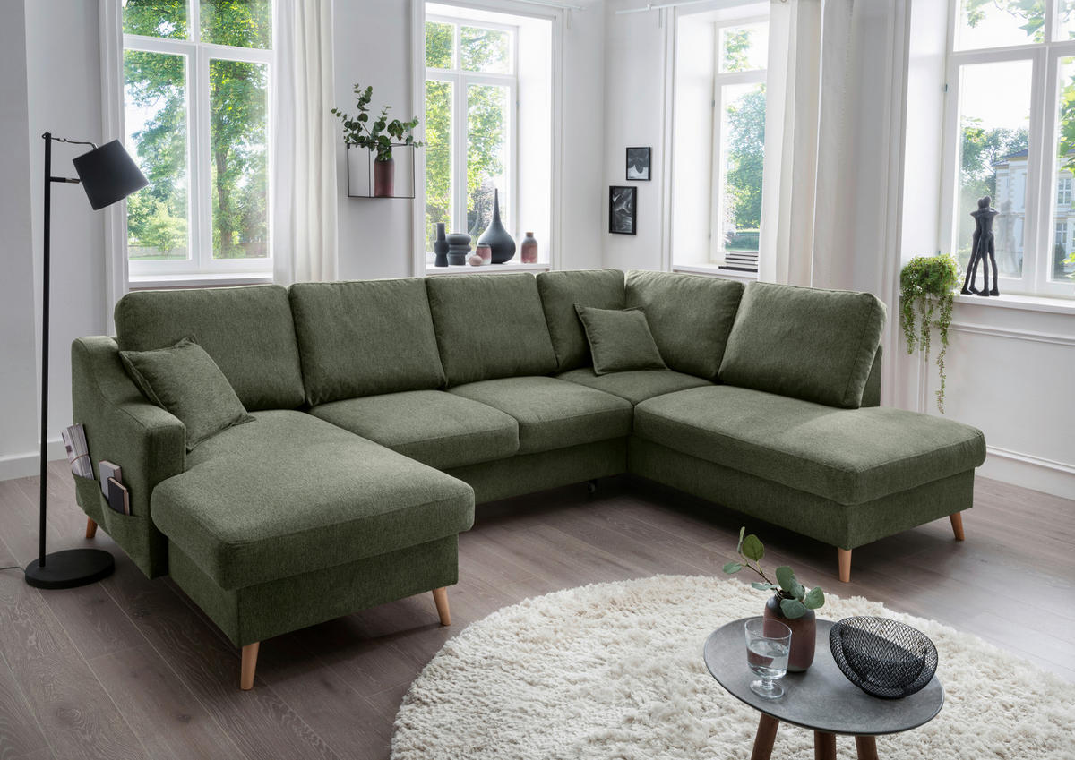 WOHNLANDSCHAFT in Chenille Dunkelgrün  - Dunkelgrün/Naturfarben, Konventionell, Holz/Textil (150/301/200cm) - Livetastic