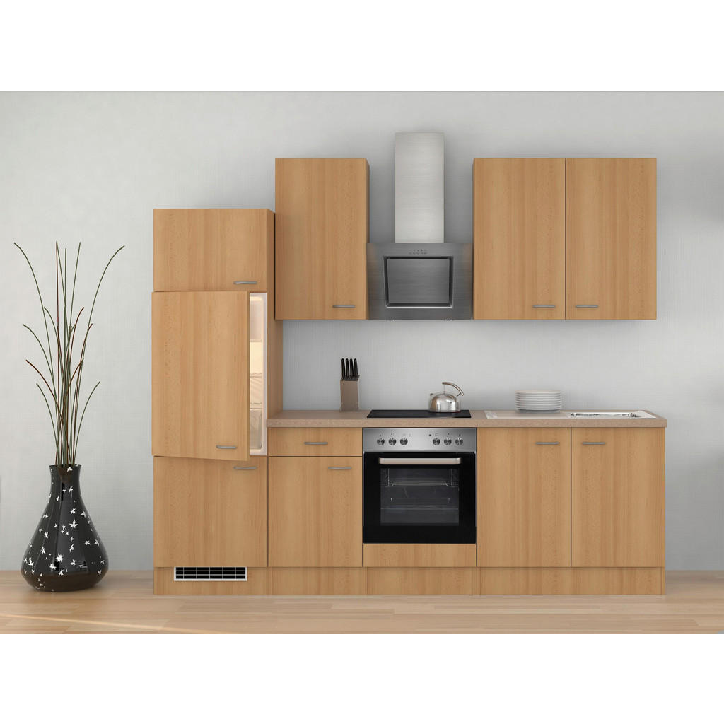 Küchenzeile Nano mit Geräten 270 cm Creme/Buche Dekor