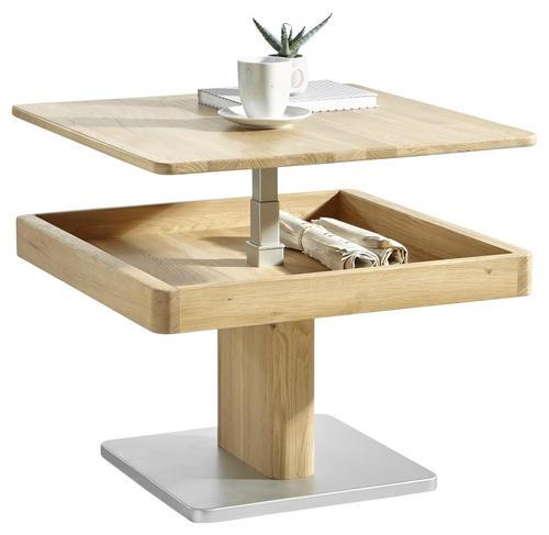 Thumbnail - Linea Natura Couchtisch, Eiche, Holz, Wildeiche, massiv, quadratisch, Bodenplatte, 70x45.5x70 cm, Stauraum, höhenverstel...