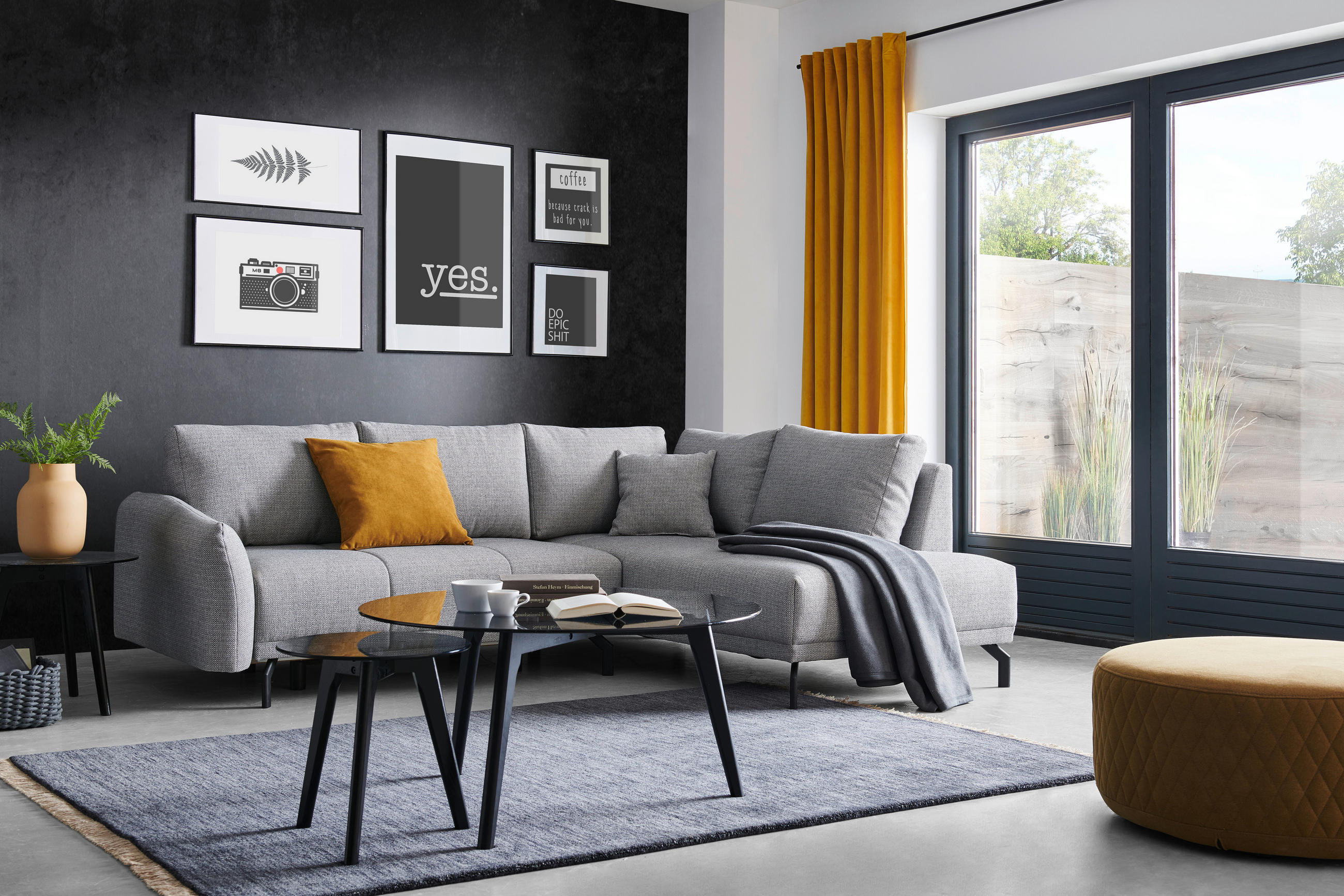 ECKSOFA Grau Webstoff Zierkissen, Rückenkissen, Bettkasten, Schlaffunktion, Rücken echt  - Schwarz/Grau, Design, Textil/Metall (250/191cm) - Carryhome