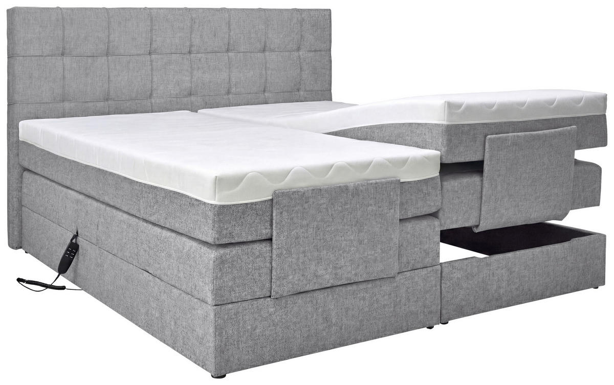 BOXSPRINGBETT 160/200 cm,  in Hellgrau, gepolstertes Kopfteil, Topper, motorische Verstellbarkeit, Fernbedienung, Matratzen, H3 = fest  - Hellgrau/Schwarz, KONVENTIONELL, Kunststoff/Textil (160/200cm) - Moderano