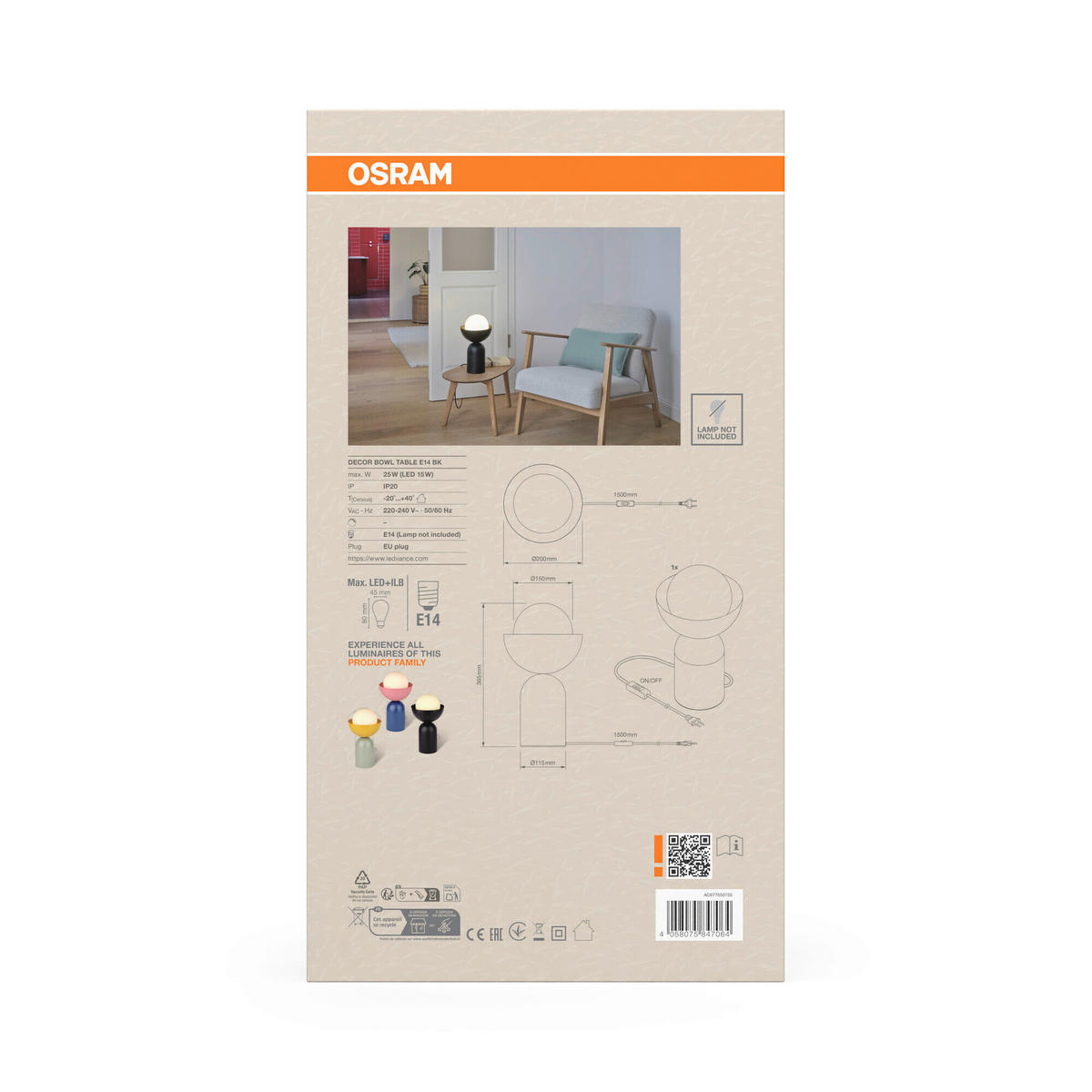 TISCHLEUCHTE 20/36,5 cm   - Schwarz, Basics, Glas/Metall (20/36,5cm) - Osram