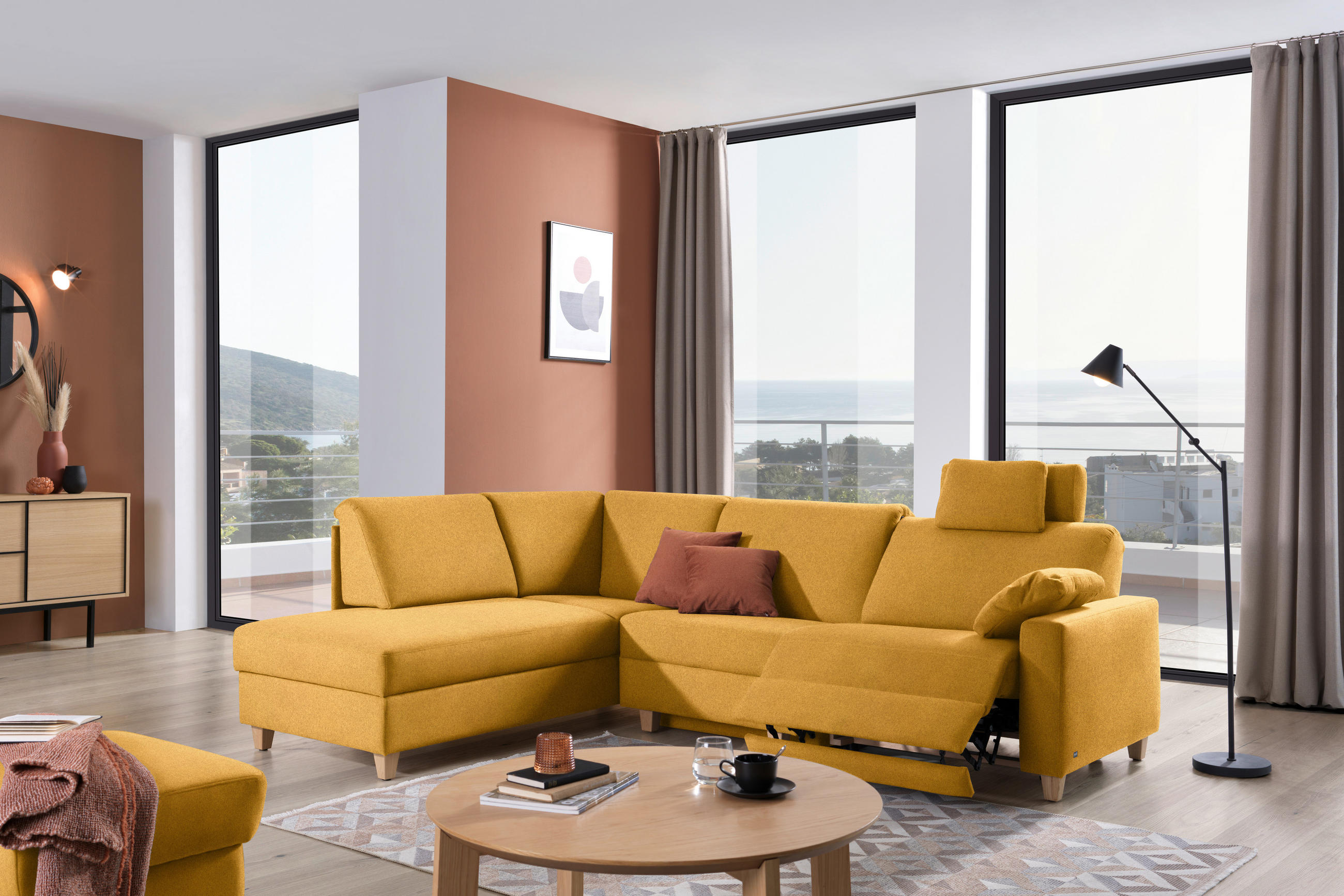 ECKSOFA in Flachgewebe Senfgelb  203/261 cm  - Eichefarben/Senfgelb, KONVENTIONELL, Holz/Textil (203/261cm) - Sedda