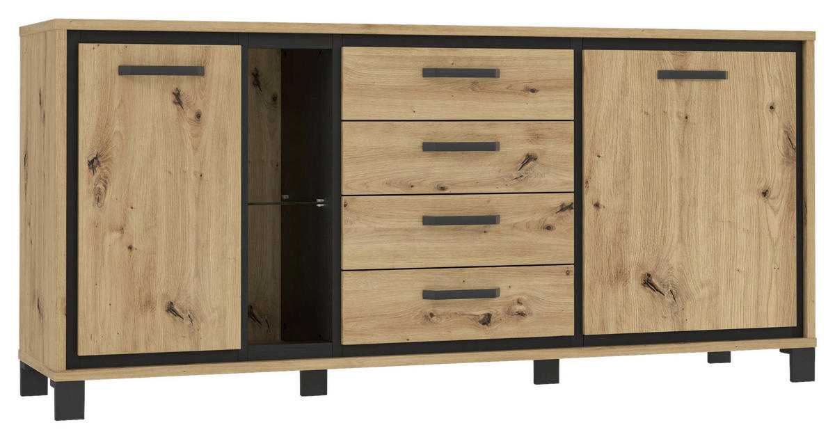 SIDEBOARD 177,4/81,3/41,5 cm  in Schwarz, Eichefarben  - Eichefarben/Schwarz, Basics, Glas/Holzwerkstoff (177,4/81,3/41,5cm) - Livetastic