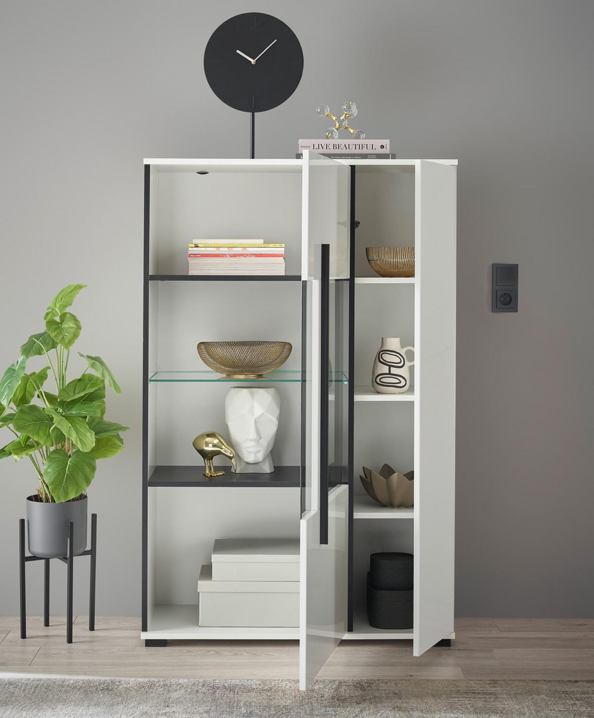VITRINE  in Weiß Hochglanz  - Weiß Hochglanz/Schwarz, Design, Glas/Holzwerkstoff (90/140/37cm) - Livetastic
