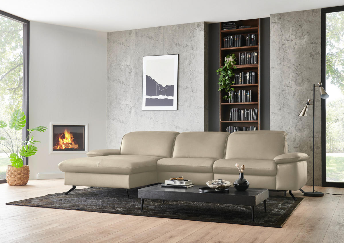 ECKSOFA  Echtleder Sandfarben  - Sandfarben/Schwarz, Design, Leder/Metall (169/307cm) - Beldomo Premium