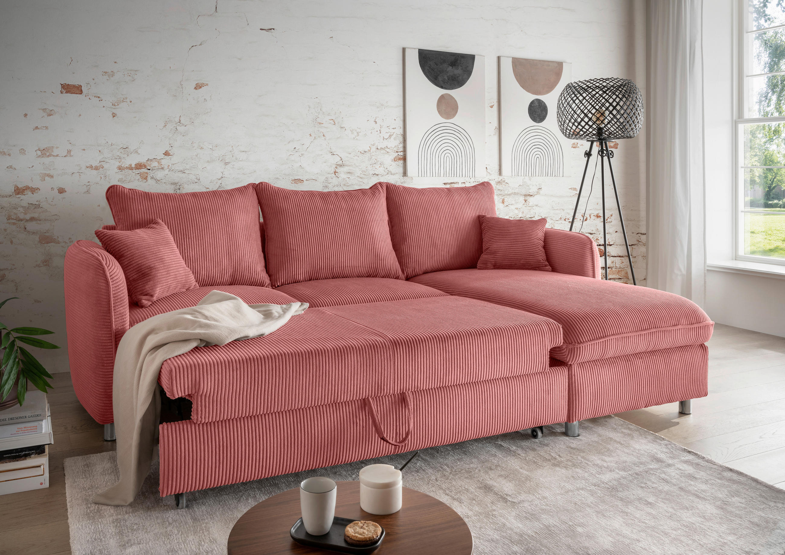 ECKSCHLAFSOFA in Cord Koralle  - Chromfarben/Koralle, Modern, Textil/Metall (254/160cm) - Livetastic