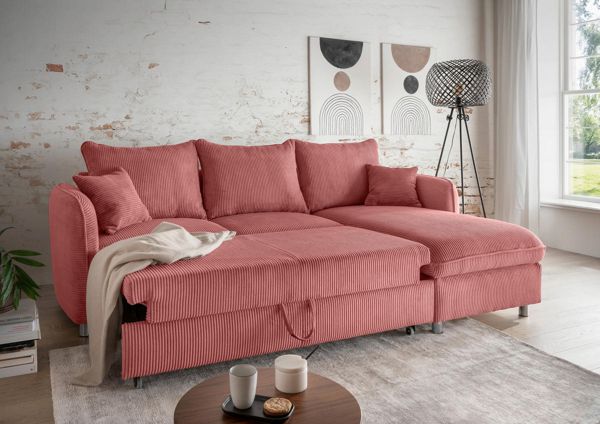 ECKSCHLAFSOFA in Cord Koralle  - Chromfarben/Koralle, Modern, Textil/Metall (254/160cm) - Livetastic