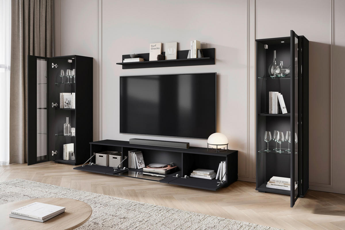 WOHNWAND 4-teilig  in Schwarz  262/141,9/33 cm  - Schwarz, Trend, Glas/Holzwerkstoff (262/141,9/33cm) - Livetastic