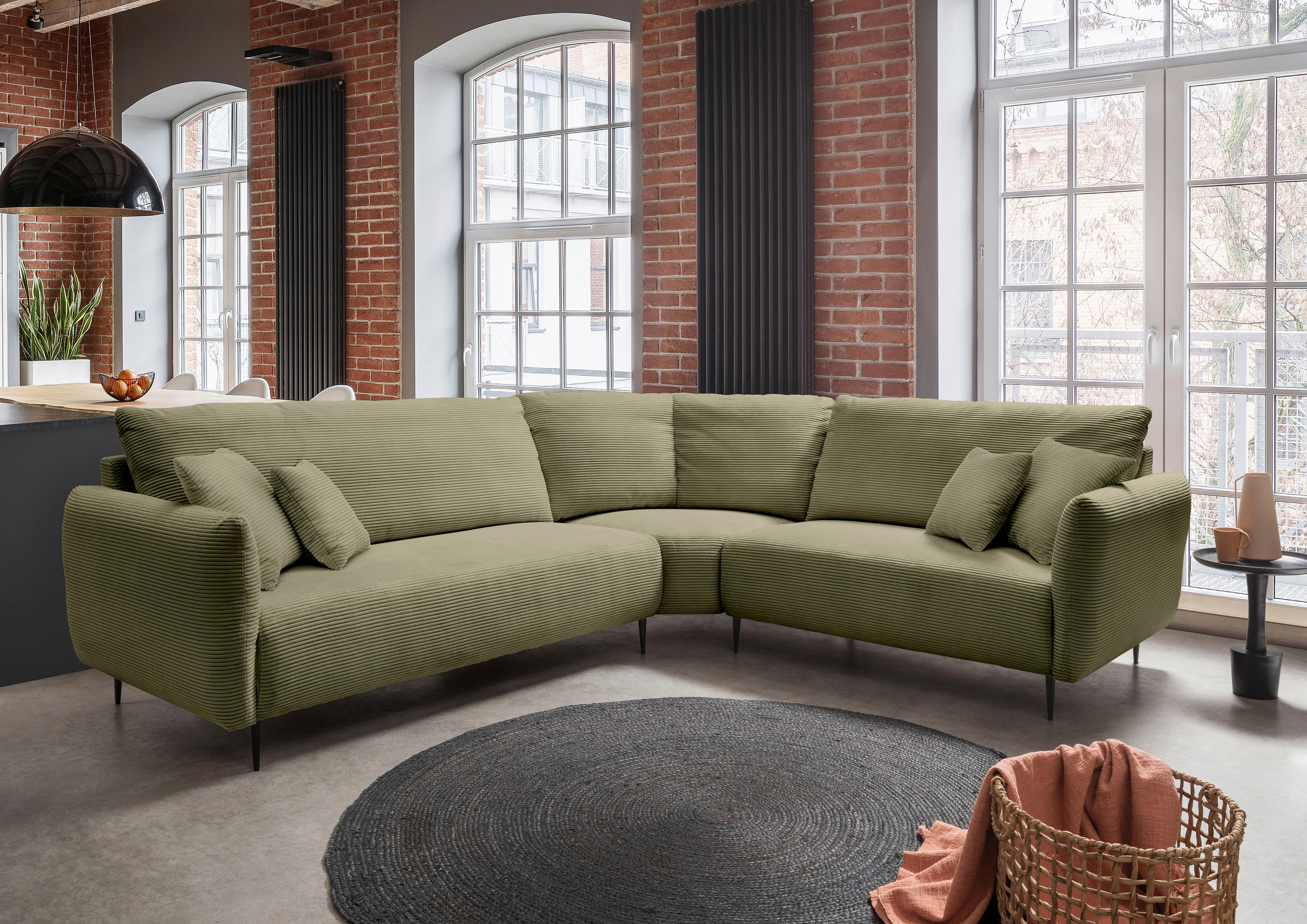 ECKSOFA in Cord Olivgrün  - Schwarz/Olivgrün, Design, Textil/Metall (294/256cm) - Livetastic
