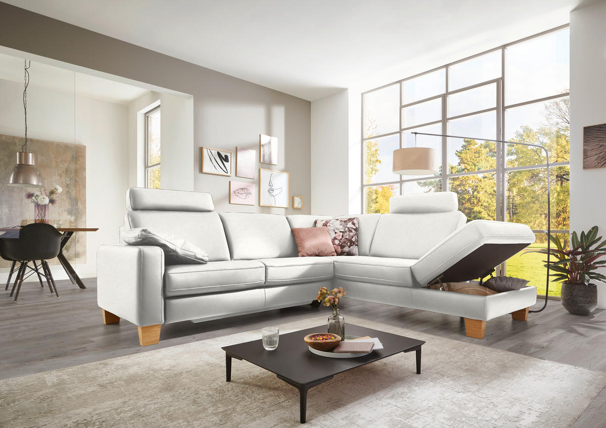 ECKSOFA in Echtleder Weiss  - Eiche Bianco/Weiss, Konventionell, Leder/Holz (257/235cm) - Valdera