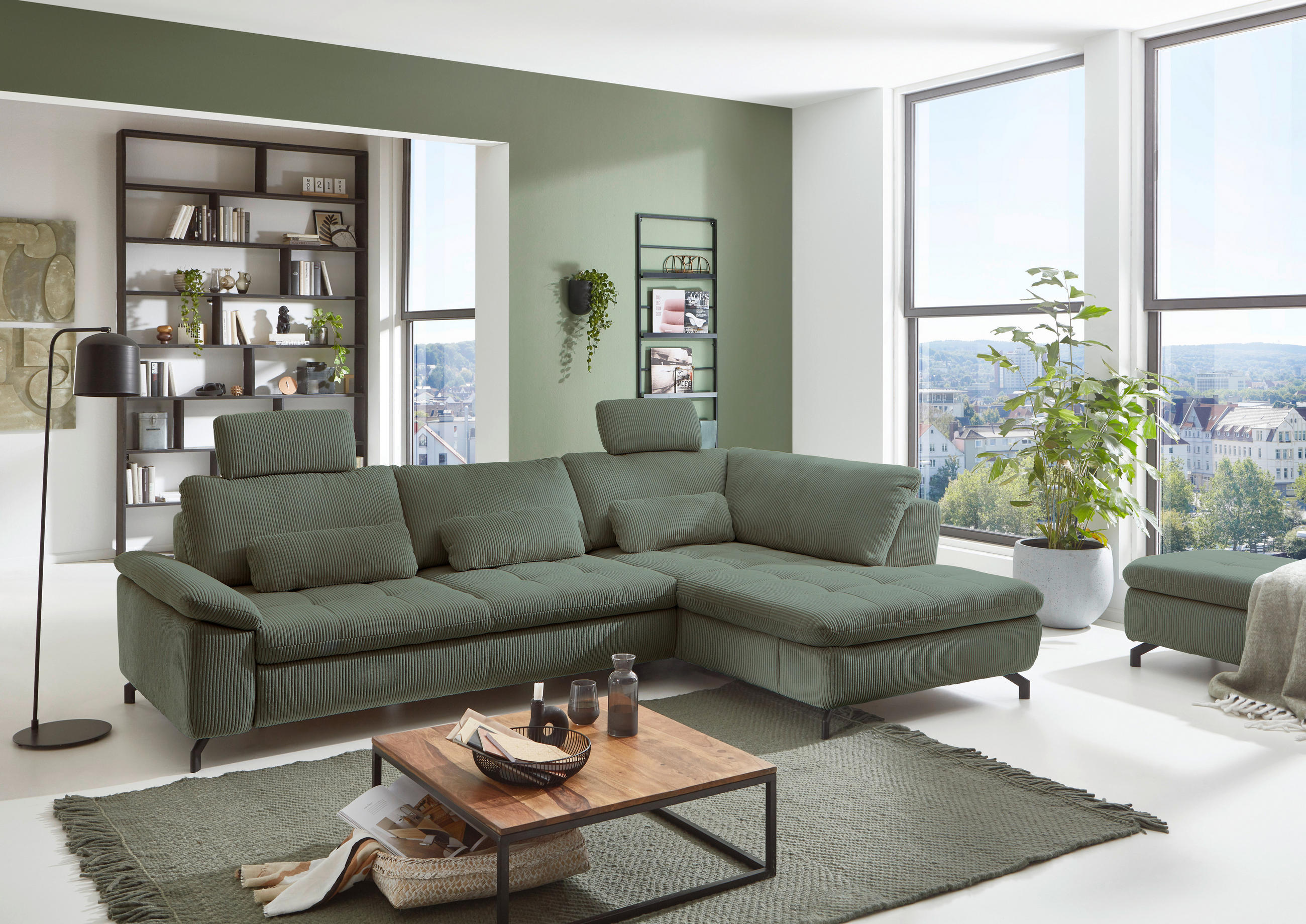 ECKSOFA in Cord, Velours Grün  - Schwarz/Grün, Design, Textil/Metall (291/197cm) - Beldomo Style