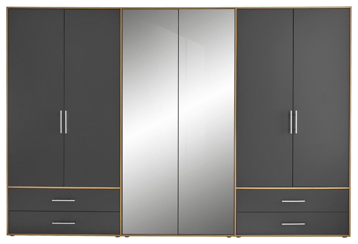 KLEIDERSCHRANK 305/207/58 cm,  in Graphitfarben, Eiche Artisan, 6-türig  - Alufarben/Graphitfarben, KONVENTIONELL, Glas/Holzwerkstoff (305/207/58cm) - Boxxx