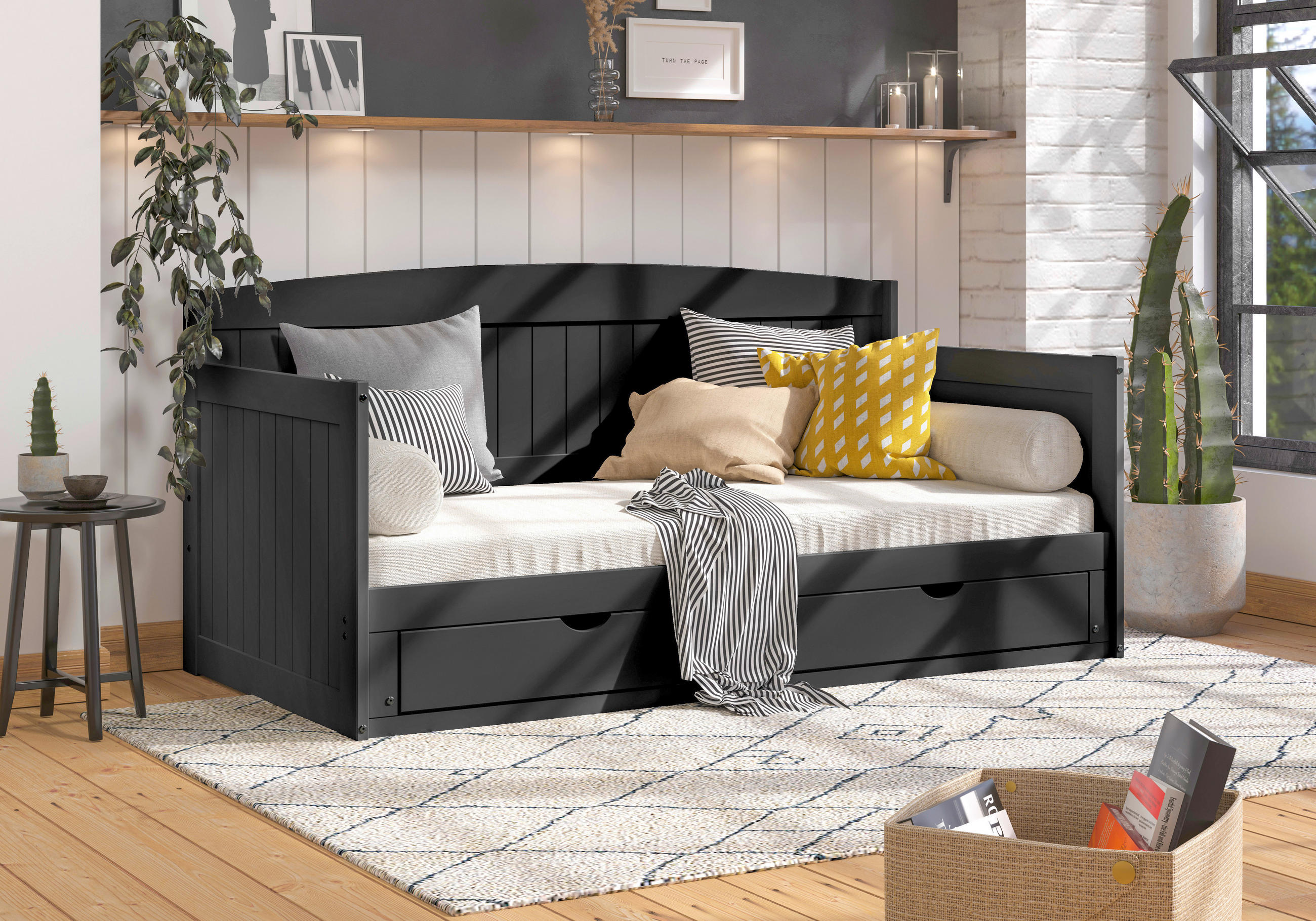 AUSZIEHBETT 90/200 cm  in Schwarz  - Schwarz/Naturfarben, Romantik / Landhaus, Holz/Kunststoff (90/200cm) - MID.YOU
